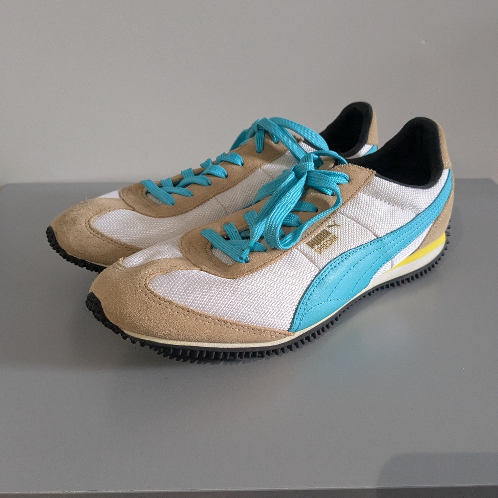 PUMA Speeder US Wmns 9 White Tan Blue Lace up Sneakers Sport Lifestyle - Picture 2 of 7